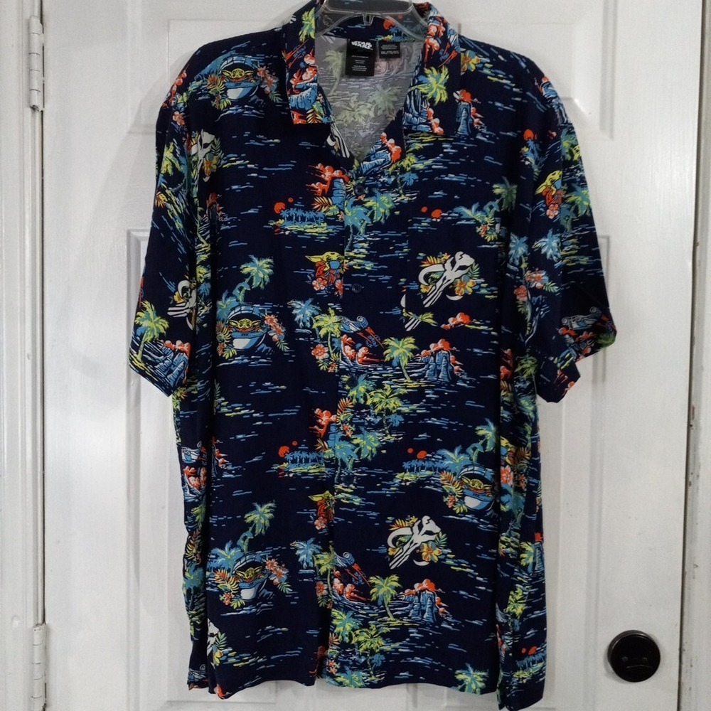 Star Wars Shirt Mens XXL Hawaiian Floral Mandalorian Grogu Baby Yoda